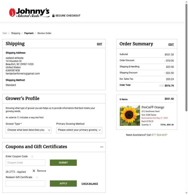 JohnnySeeds checkout page showing JohnnySeeds coupon code box | Screenshot taken by SimplyCodes community member on Jul 31, 2025