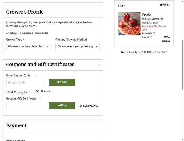 JohnnySeeds checkout page showing JohnnySeeds coupon code box | Screenshot taken by SimplyCodes community member on Aug 25, 2025