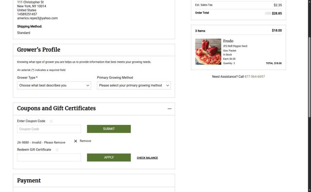 JohnnySeeds checkout page showing JohnnySeeds coupon code box | Screenshot taken by SimplyCodes community member on Aug 25, 2025