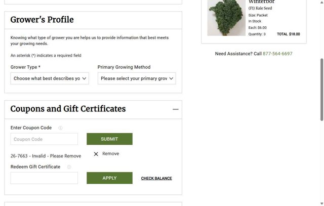 JohnnySeeds checkout page showing JohnnySeeds coupon code box | Screenshot taken by SimplyCodes community member on Aug 25, 2025