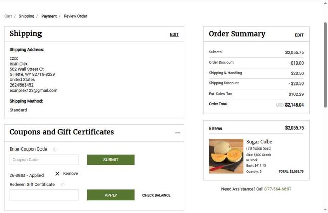 JohnnySeeds checkout page showing JohnnySeeds coupon code box | Screenshot taken by SimplyCodes community member on Aug 20, 2025