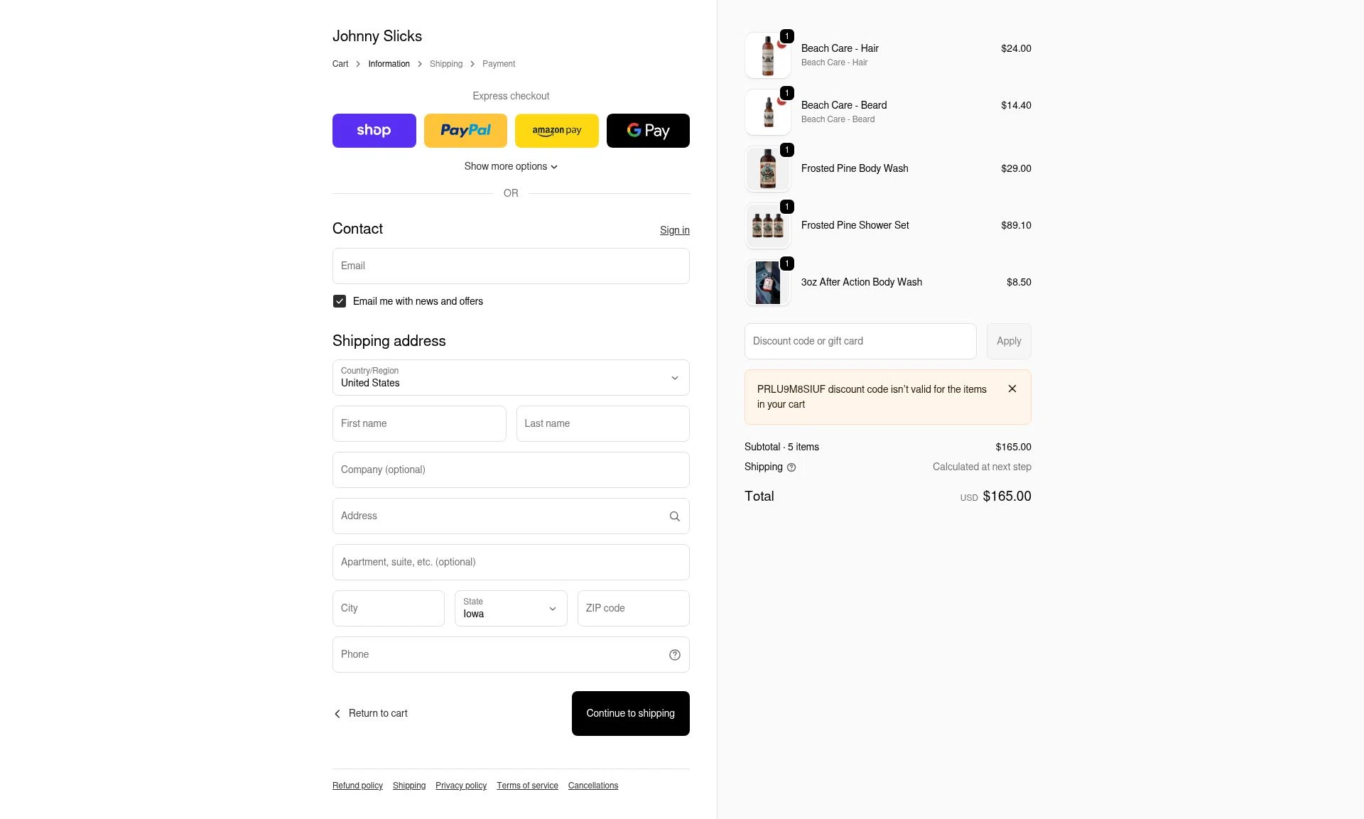 Johnny Slicks checkout page showing Johnny Slicks discount code box | Screenshot taken by SimplyCodes community member on Feb 14, 2026