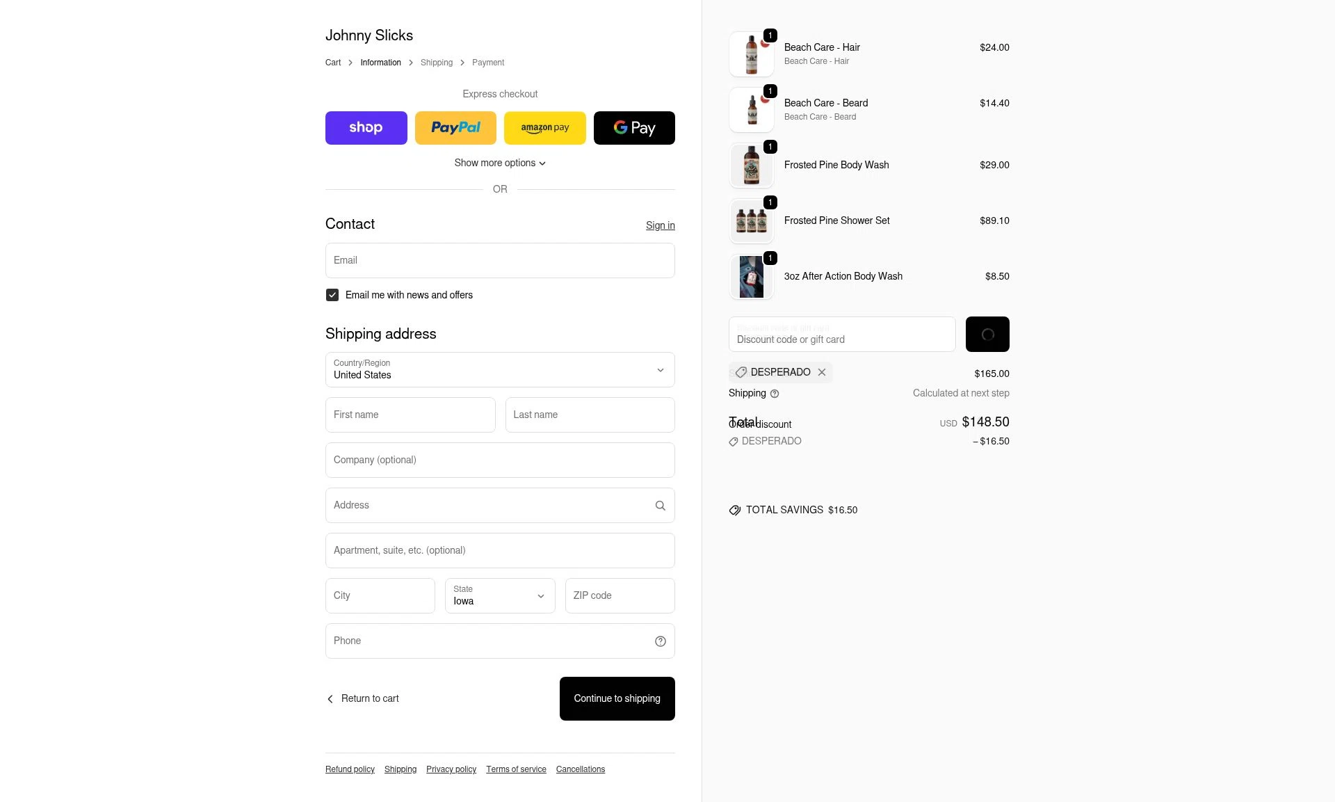 Johnny Slicks checkout page showing Johnny Slicks discount code box | Screenshot taken by SimplyCodes community member on Feb 14, 2026