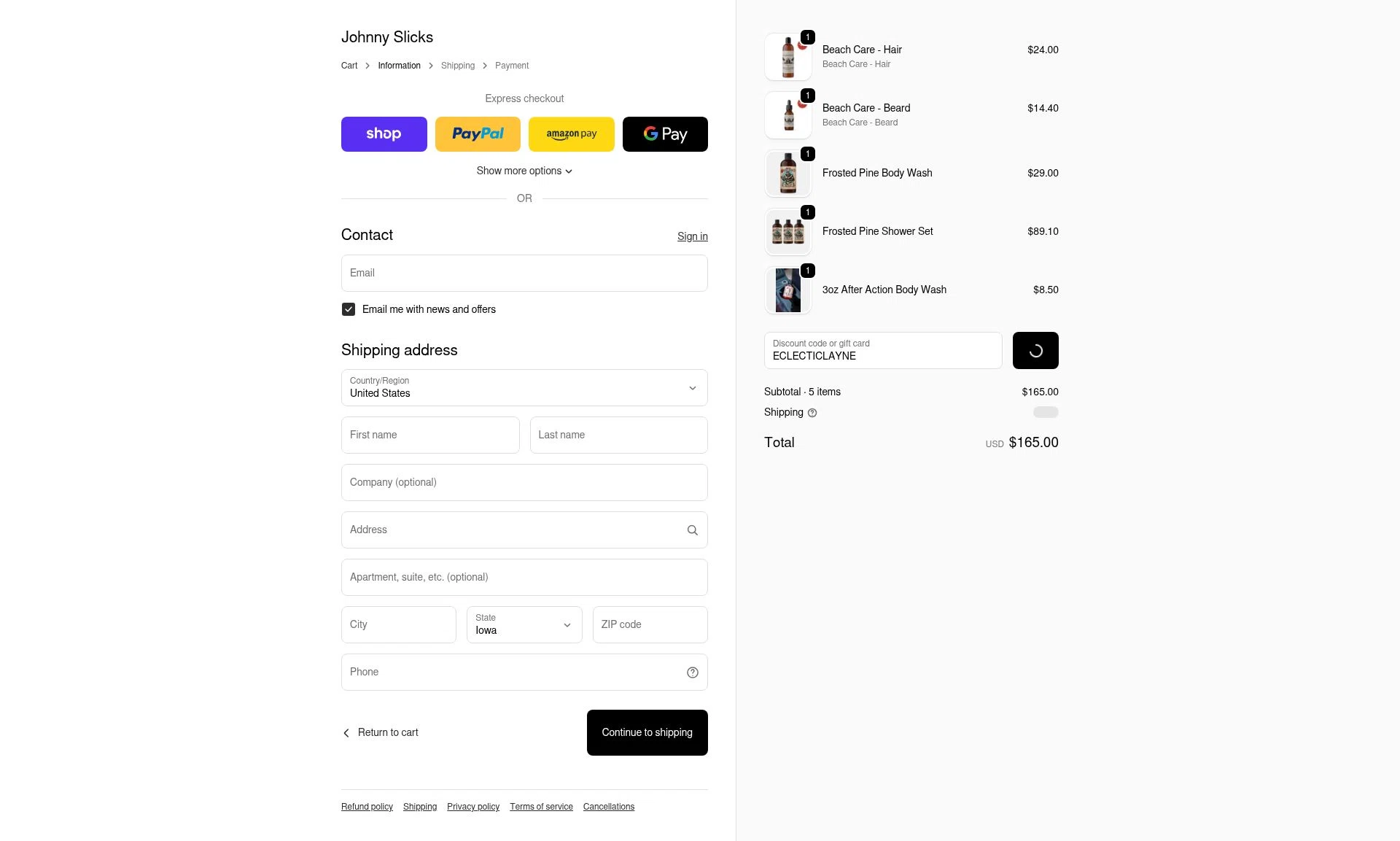 Johnny Slicks checkout page showing Johnny Slicks discount code box | Screenshot taken by SimplyCodes community member on Feb 14, 2026