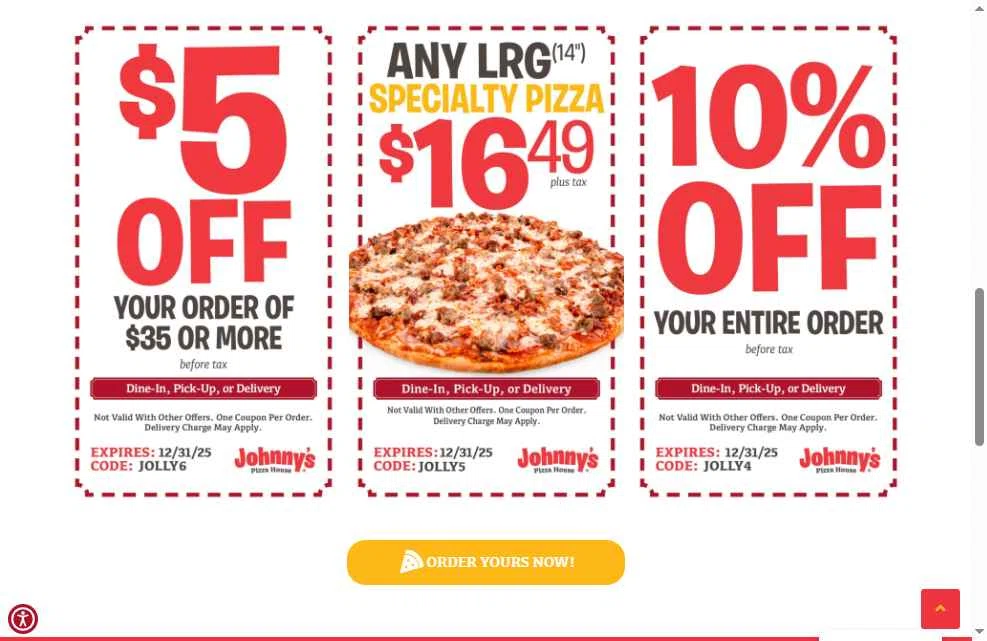 Johnny's Pizza House checkout page showing Johnny's Pizza House promo code box | Screenshot taken by SimplyCodes community member on Dec 27, 2025