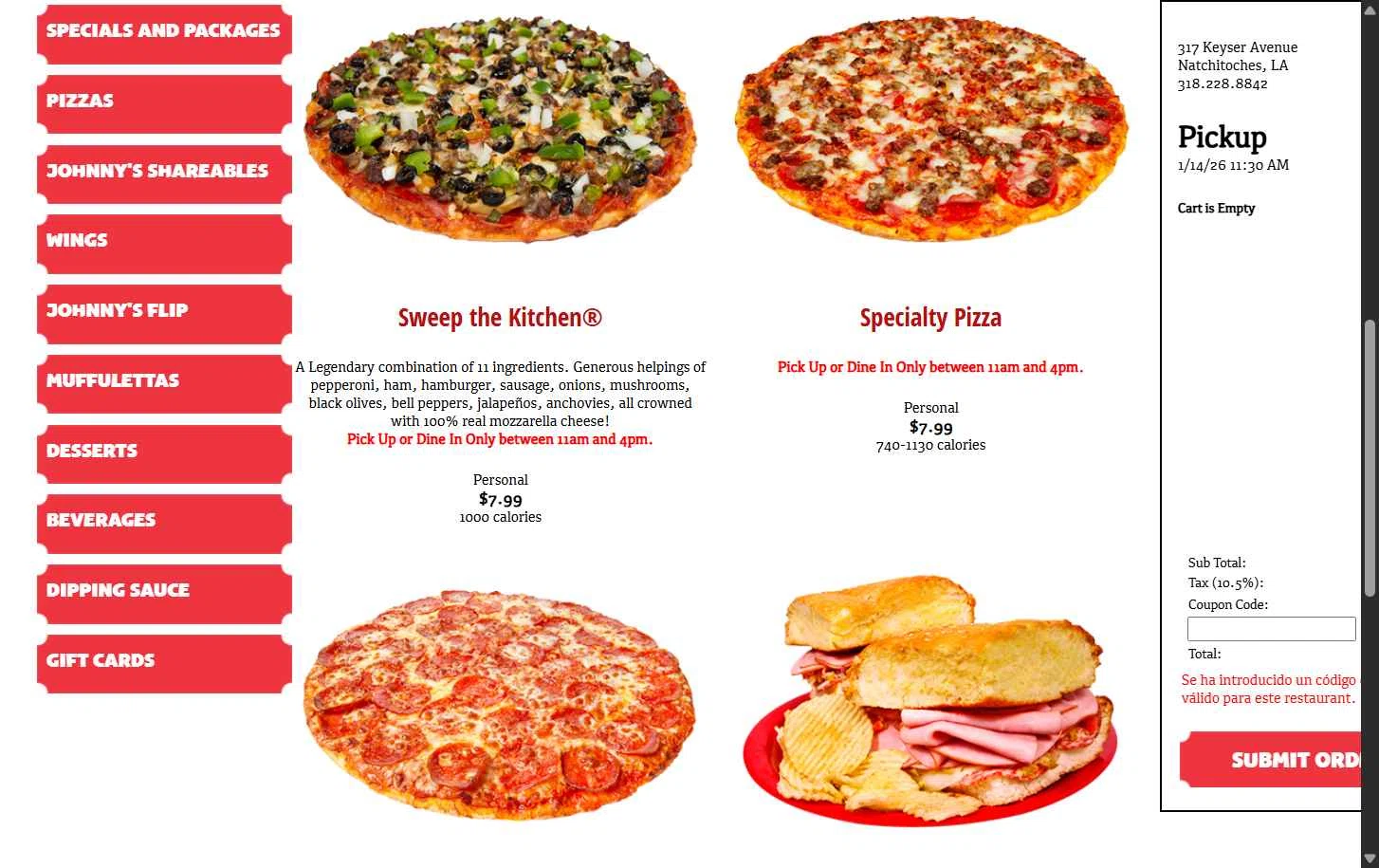 Johnny's Pizza House checkout page showing Johnny's Pizza House promo code box | Screenshot taken by SimplyCodes community member on Jan 14, 2026