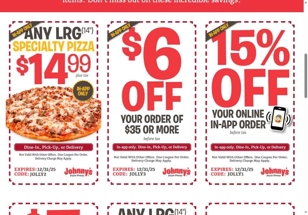 Johnny's Pizza House checkout page showing Johnny's Pizza House promo code box | Screenshot taken by SimplyCodes community member on Dec 27, 2025