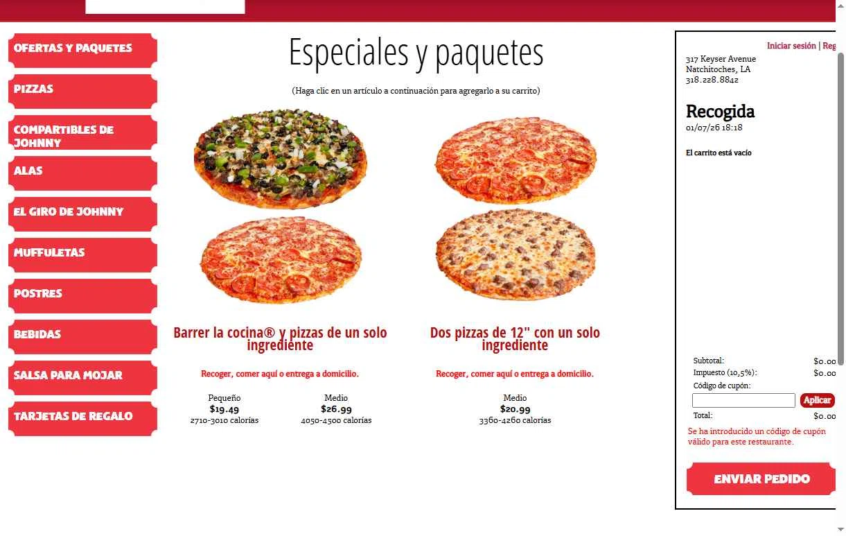 Johnny's Pizza House checkout page showing Johnny's Pizza House promo code box | Screenshot taken by SimplyCodes community member on Jan 7, 2026