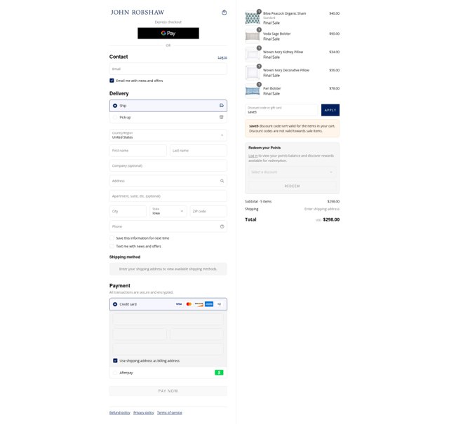 John Robshaw checkout page showing John Robshaw promo code box | Screenshot taken by SimplyCodes community member on Sep 2, 2025