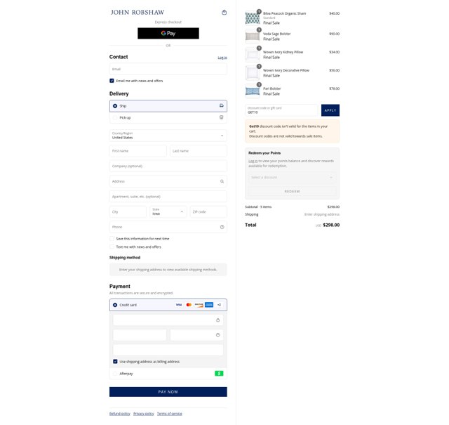 John Robshaw checkout page showing John Robshaw promo code box | Screenshot taken by SimplyCodes community member on Sep 2, 2025