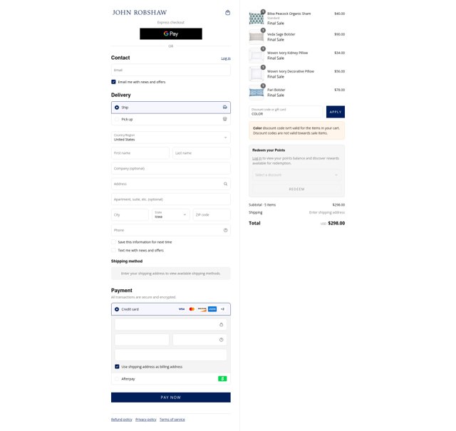 John Robshaw checkout page showing John Robshaw promo code box | Screenshot taken by SimplyCodes community member on Aug 28, 2025
