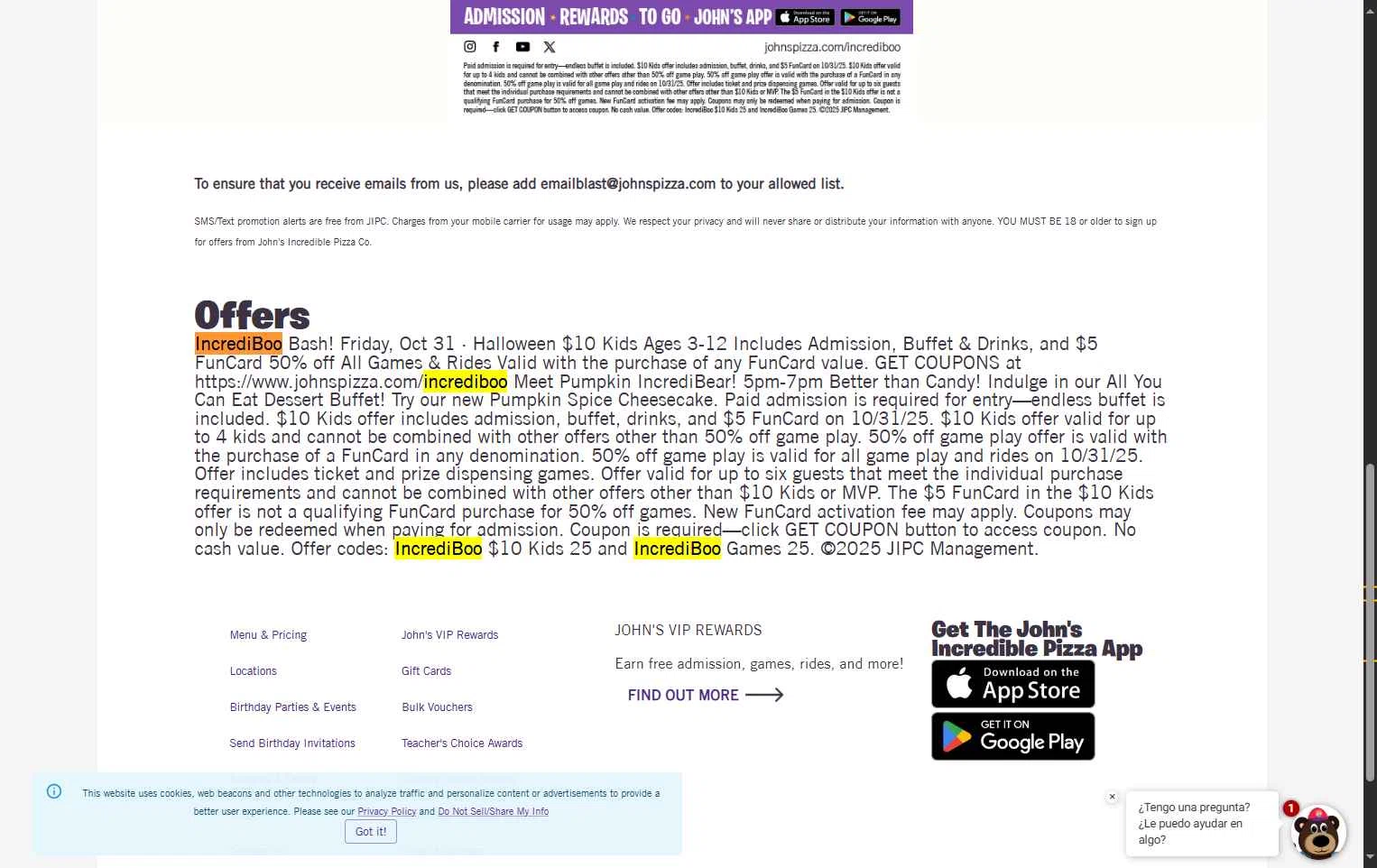 John's Incredible Pizza checkout page showing John's Incredible Pizza promo code box | Screenshot taken by SimplyCodes community member on Oct 29, 2025
