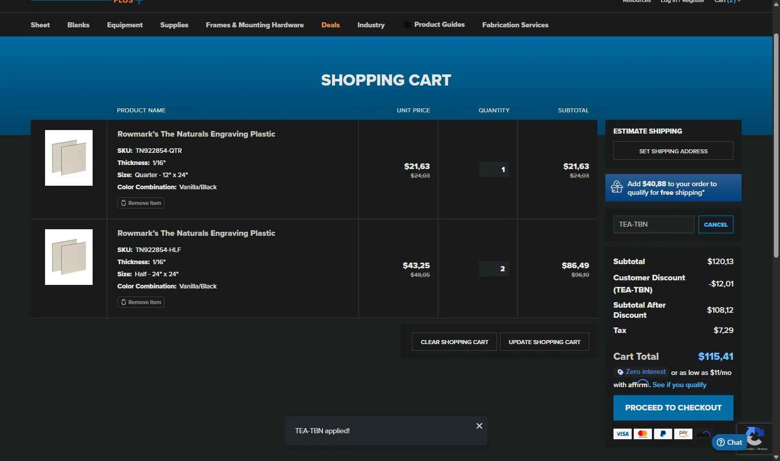 Johnson Plastics Plus checkout page showing Johnson Plastics Plus promo code box | Screenshot taken by SimplyCodes community member on Dec 10, 2025
