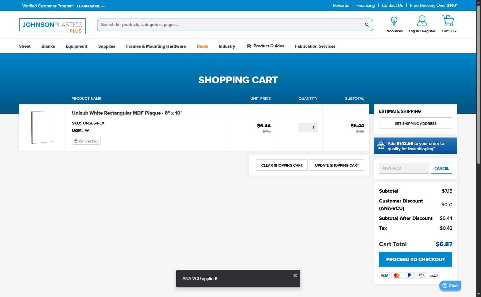 Johnson Plastics Plus checkout page showing Johnson Plastics Plus promo code box | Screenshot taken by SimplyCodes community member on Oct 7, 2025