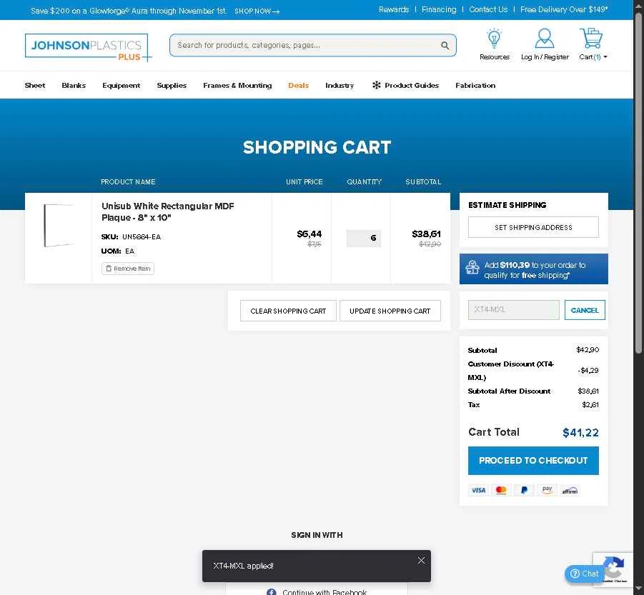 Johnson Plastics Plus checkout page showing Johnson Plastics Plus promo code box | Screenshot taken by SimplyCodes community member on Oct 28, 2025
