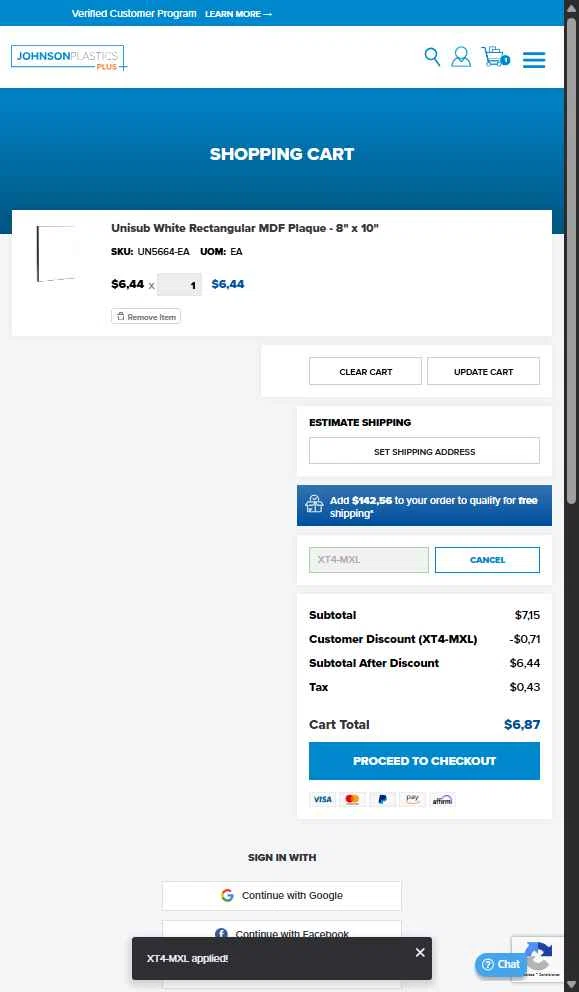 Johnson Plastics Plus checkout page showing Johnson Plastics Plus promo code box | Screenshot taken by SimplyCodes community member on Sep 15, 2025