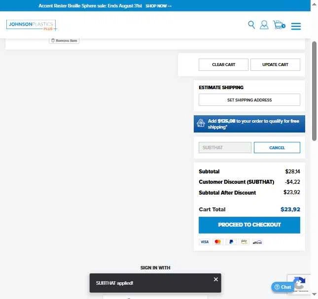Johnson Plastics Plus checkout page showing Johnson Plastics Plus promo code box | Screenshot taken by SimplyCodes community member on Aug 12, 2025