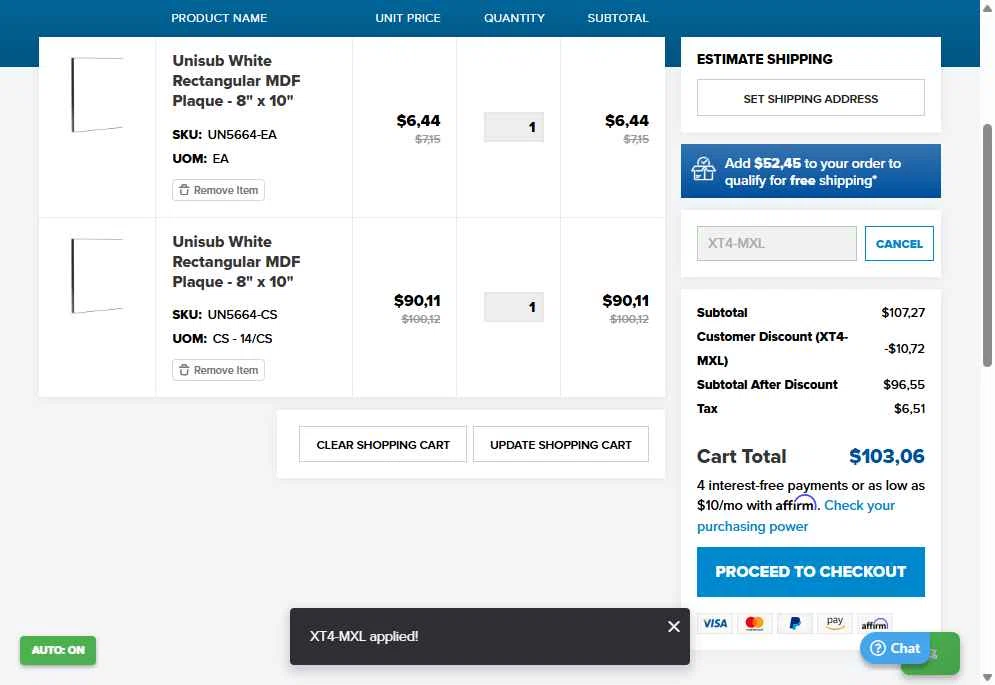 Johnson Plastics Plus checkout page showing Johnson Plastics Plus promo code box | Screenshot taken by SimplyCodes community member on Oct 7, 2025
