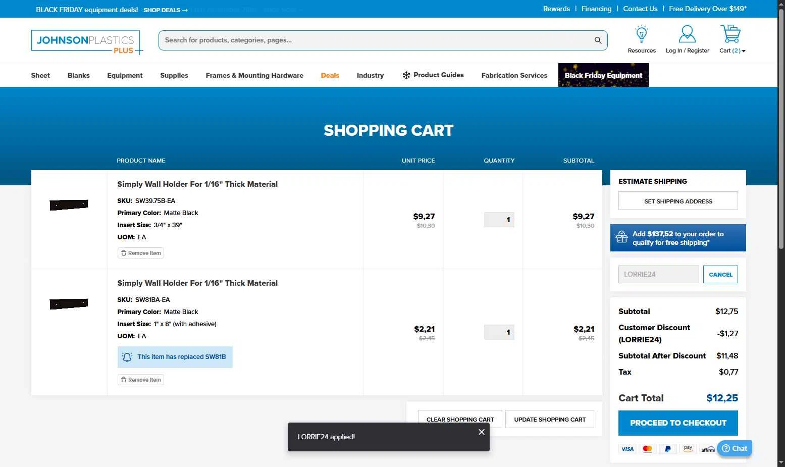 Johnson Plastics Plus checkout page showing Johnson Plastics Plus promo code box | Screenshot taken by SimplyCodes community member on Nov 27, 2025