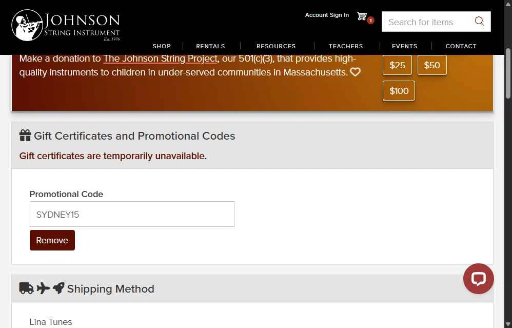 Johnson String Instrument checkout page showing Johnson String Instrument promo code box | Screenshot taken by SimplyCodes community member on Nov 20, 2025