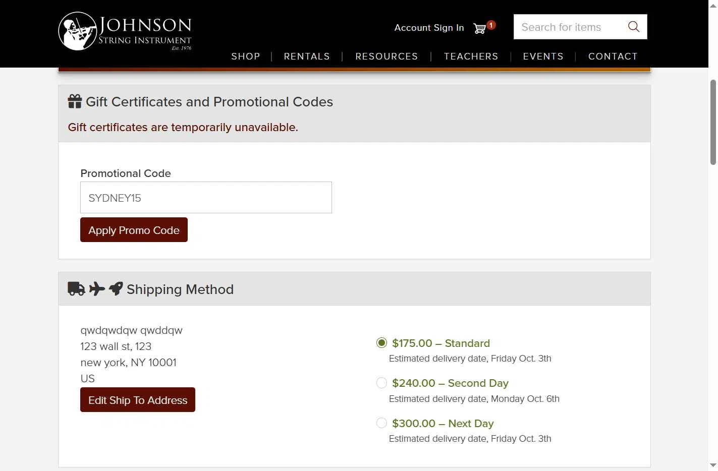 Johnson String Instrument checkout page showing Johnson String Instrument promo code box | Screenshot taken by SimplyCodes community member on Oct 1, 2025