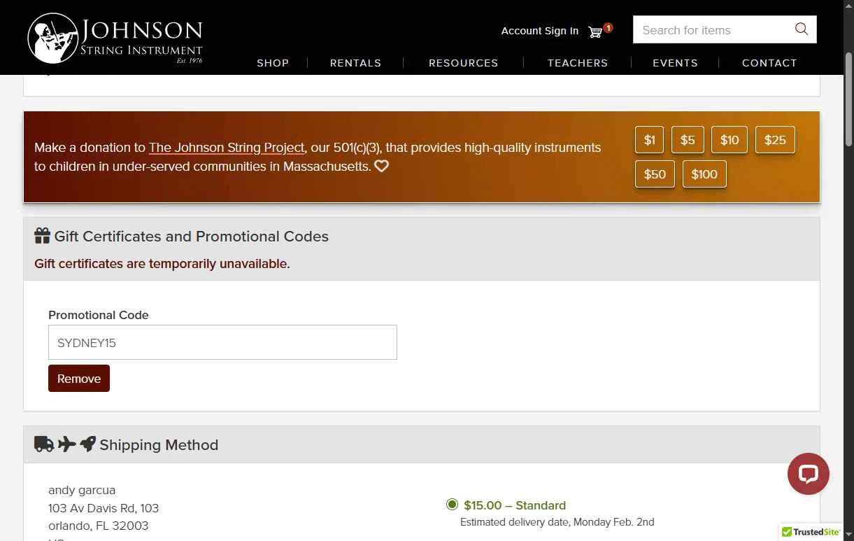 Johnson String Instrument checkout page showing Johnson String Instrument promo code box | Screenshot taken by SimplyCodes community member on Jan 28, 2026