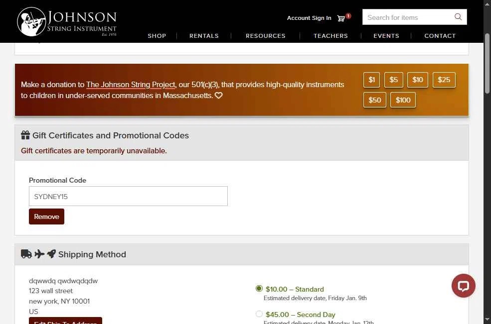 Johnson String Instrument checkout page showing Johnson String Instrument promo code box | Screenshot taken by SimplyCodes community member on Jan 8, 2026