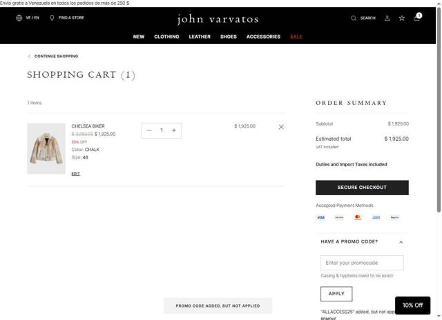 John Varvatos checkout page showing John Varvatos promo code box | Screenshot taken by SimplyCodes community member on Jun 25, 2025