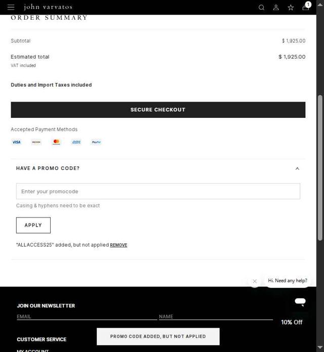 John Varvatos checkout page showing John Varvatos promo code box | Screenshot taken by SimplyCodes community member on Jun 25, 2025