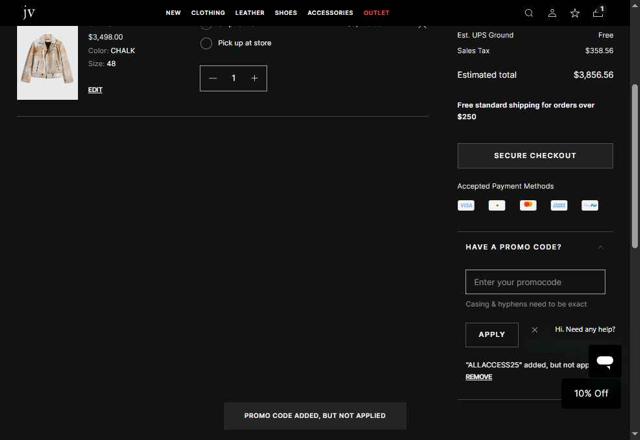 John Varvatos checkout page showing John Varvatos promo code box | Screenshot taken by SimplyCodes community member on May 20, 2025