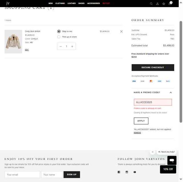 John Varvatos checkout page showing John Varvatos promo code box | Screenshot taken by SimplyCodes community member on May 10, 2025