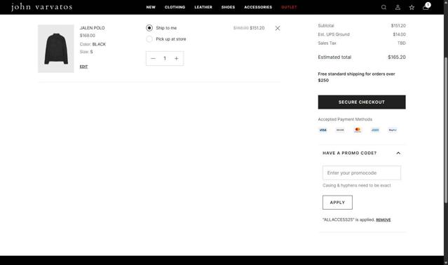 John Varvatos checkout page showing John Varvatos promo code box | Screenshot taken by SimplyCodes community member on Aug 21, 2025