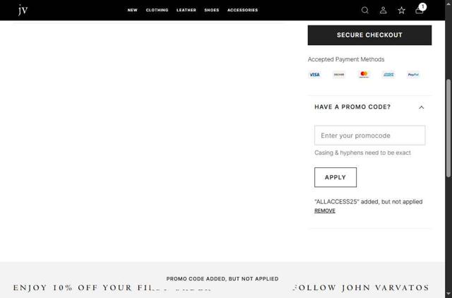 John Varvatos checkout page showing John Varvatos promo code box | Screenshot taken by SimplyCodes community member on May 20, 2025