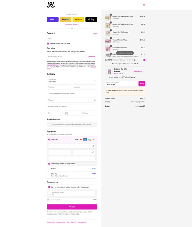 JOI checkout page showing JOI discount code box | Screenshot taken by SimplyCodes community member on Sep 6, 2025