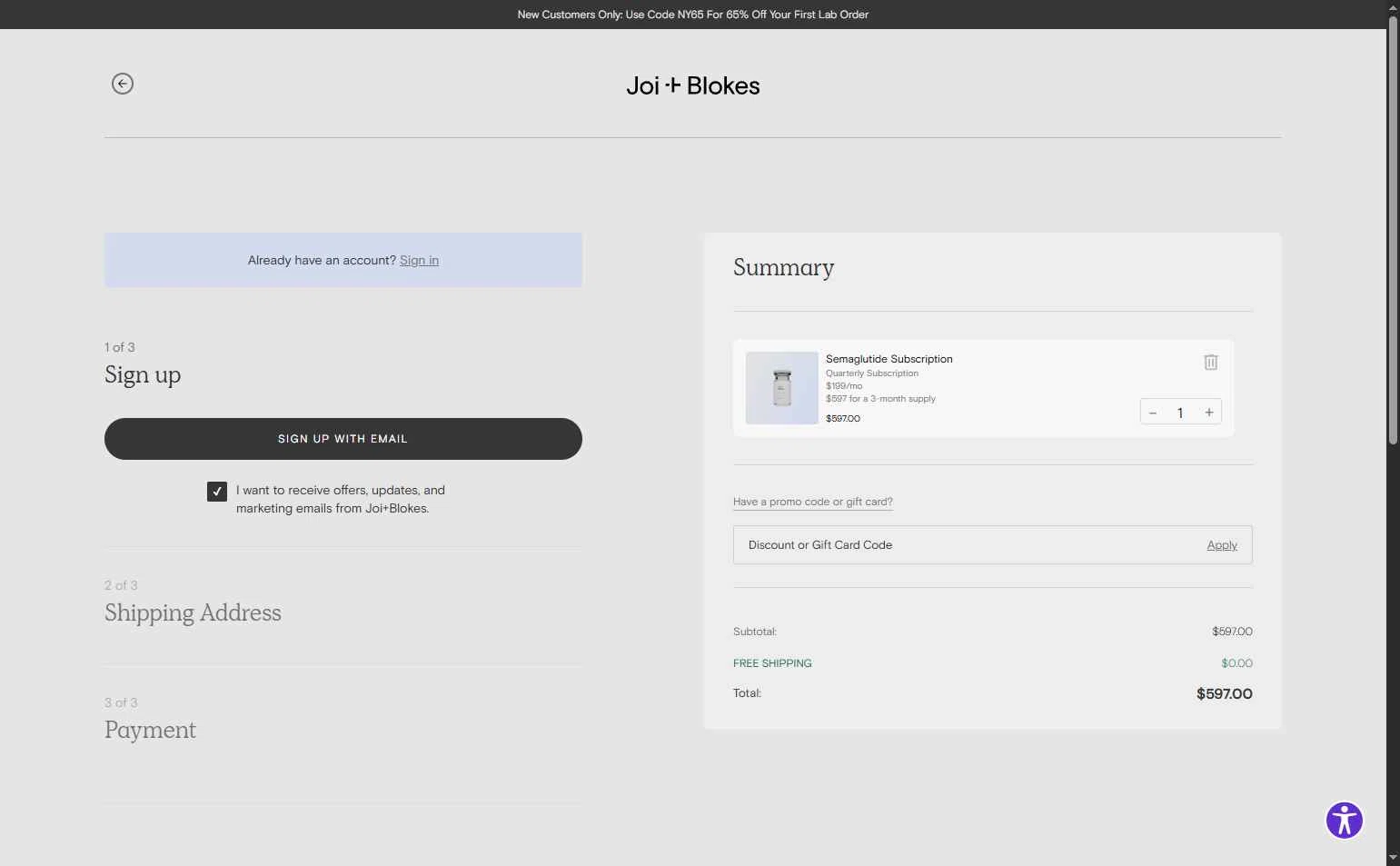 Joi + Blokes checkout page showing Joi + Blokes promo code box | Screenshot taken by SimplyCodes community member on Feb 7, 2026