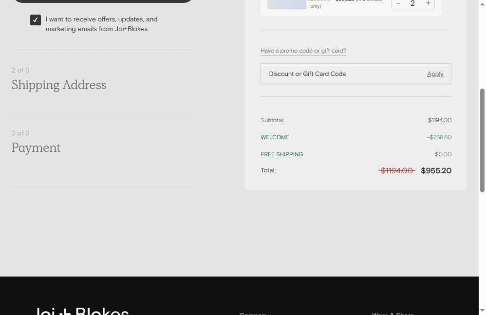 Joi + Blokes checkout page showing Joi + Blokes promo code box | Screenshot taken by SimplyCodes community member on Jan 31, 2026