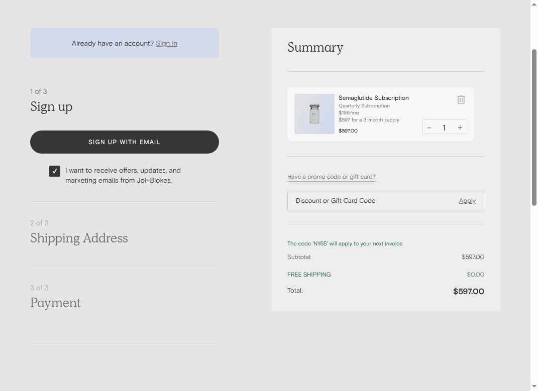 Joi + Blokes checkout page showing Joi + Blokes promo code box | Screenshot taken by SimplyCodes community member on Feb 6, 2026