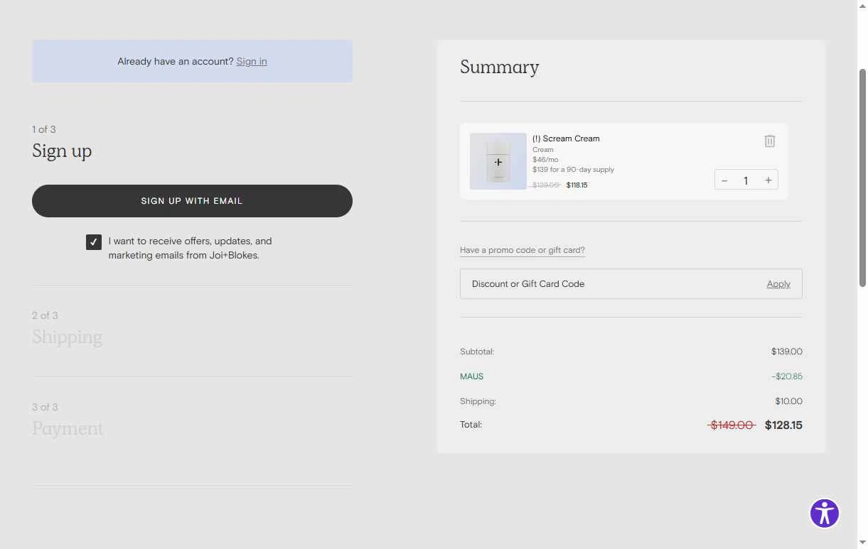 Joi Women's Wellness checkout page showing Joi Women's Wellness promo code box | Screenshot taken by SimplyCodes community member on Jan 23, 2026