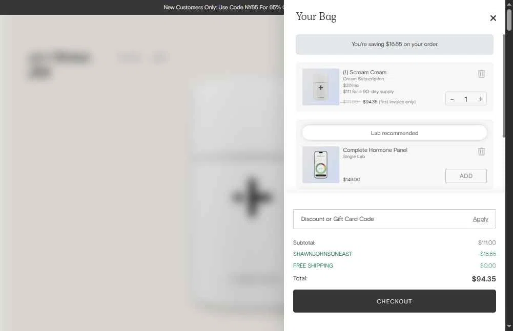 Joi Women's Wellness checkout page showing Joi Women's Wellness promo code box | Screenshot taken by SimplyCodes community member on Jan 23, 2026