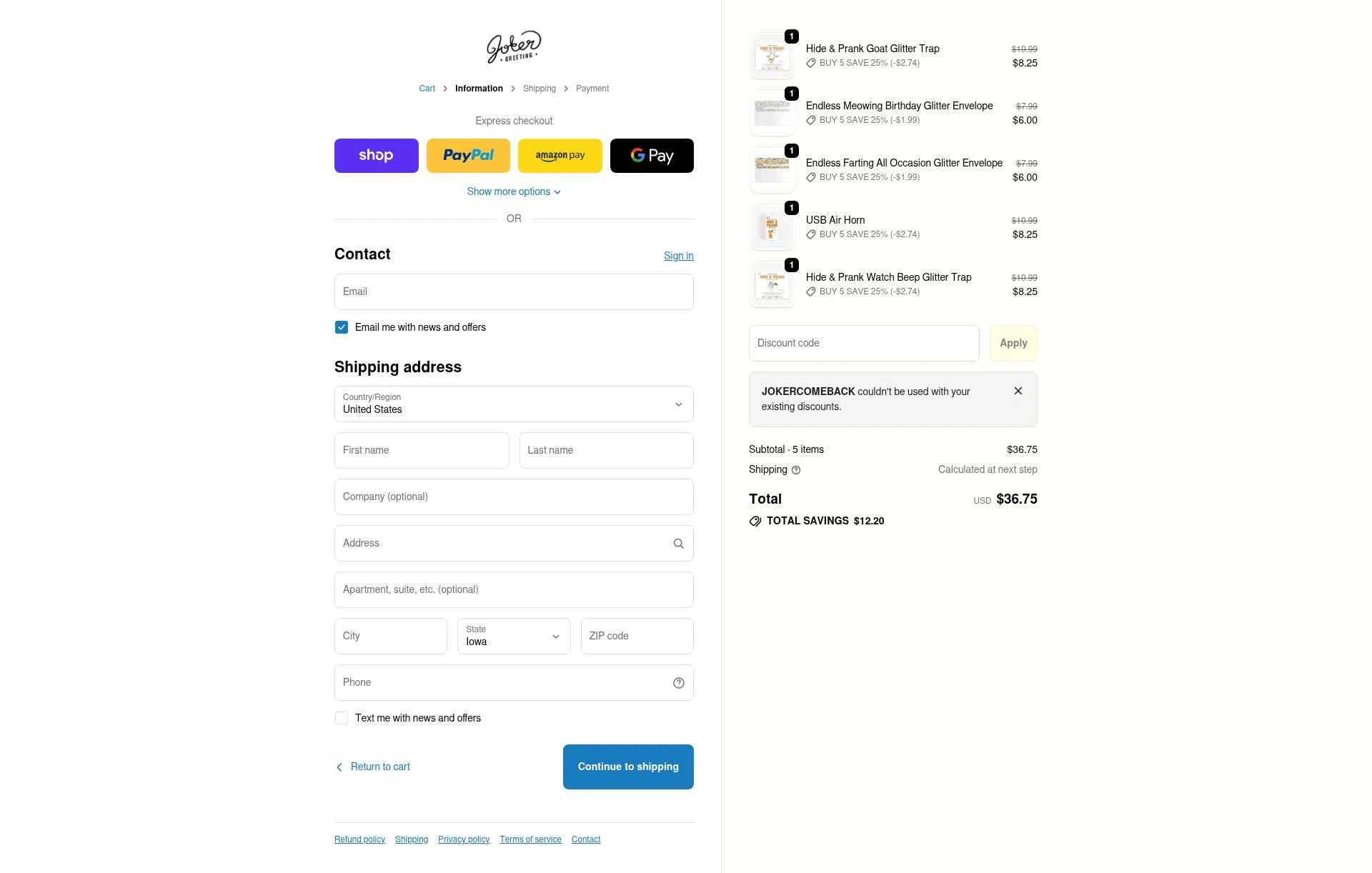 Joker Greeting checkout page showing Joker Greeting discount code box | Screenshot taken by SimplyCodes community member on Feb 11, 2026
