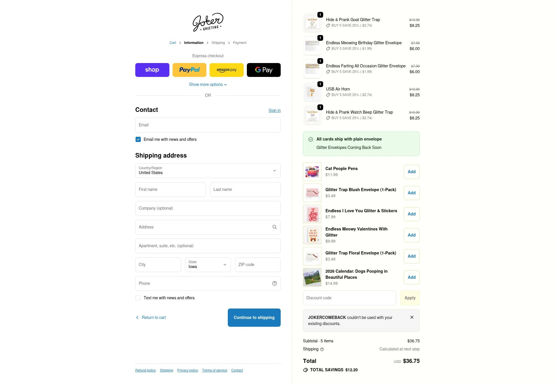Joker Greeting checkout page showing Joker Greeting discount code box | Screenshot taken by SimplyCodes community member on Feb 2, 2026