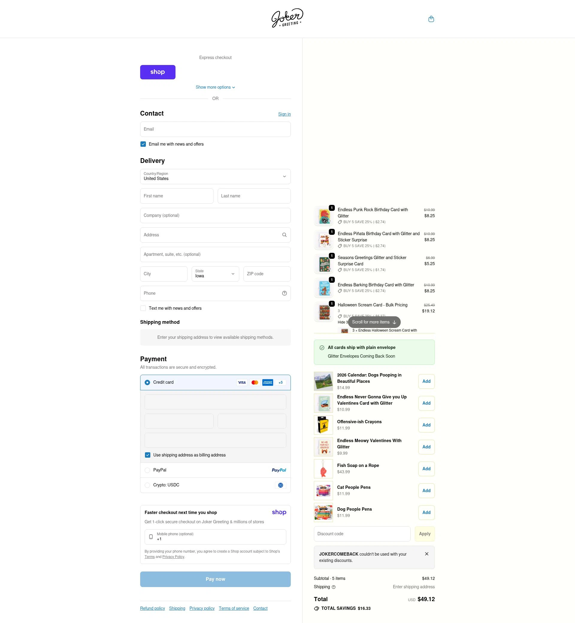 Joker Greeting checkout page showing Joker Greeting discount code box | Screenshot taken by SimplyCodes community member on Jan 15, 2026