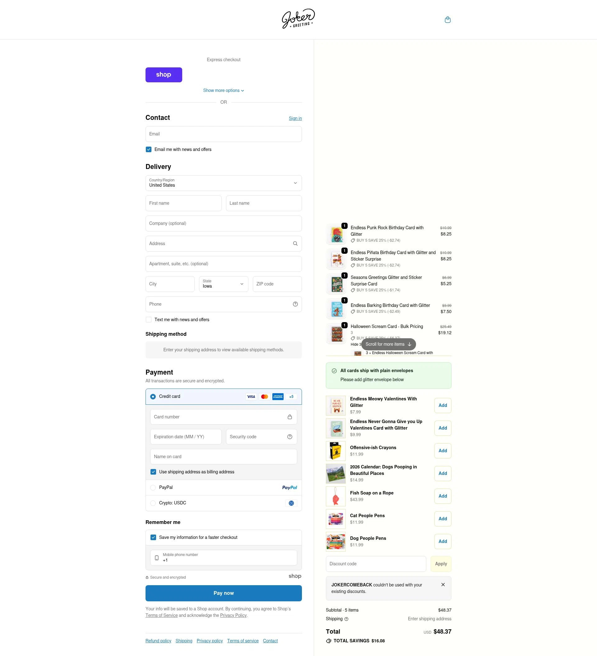 Joker Greeting checkout page showing Joker Greeting discount code box | Screenshot taken by SimplyCodes community member on Jan 5, 2026