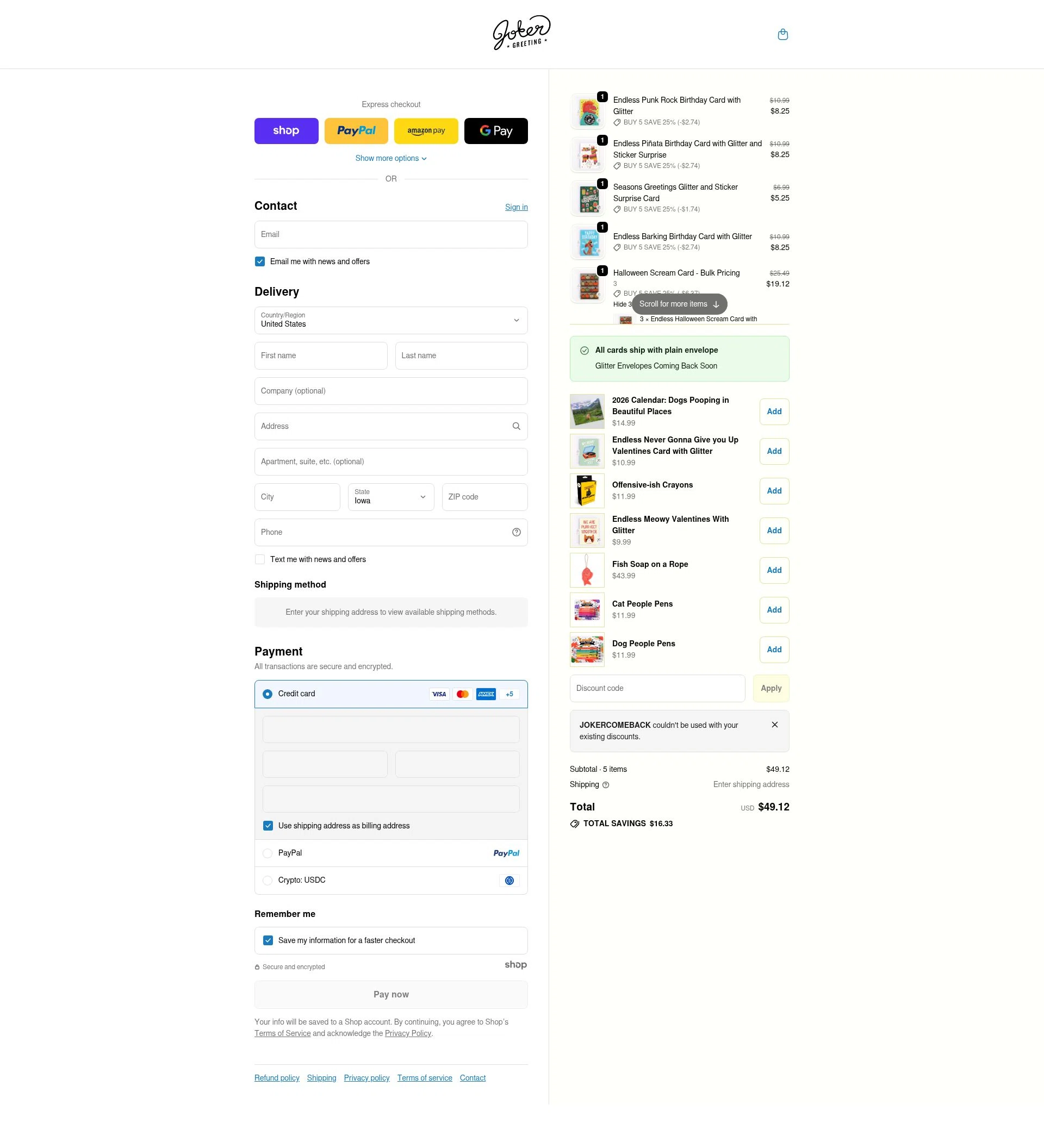 Joker Greeting checkout page showing Joker Greeting discount code box | Screenshot taken by SimplyCodes community member on Jan 10, 2026