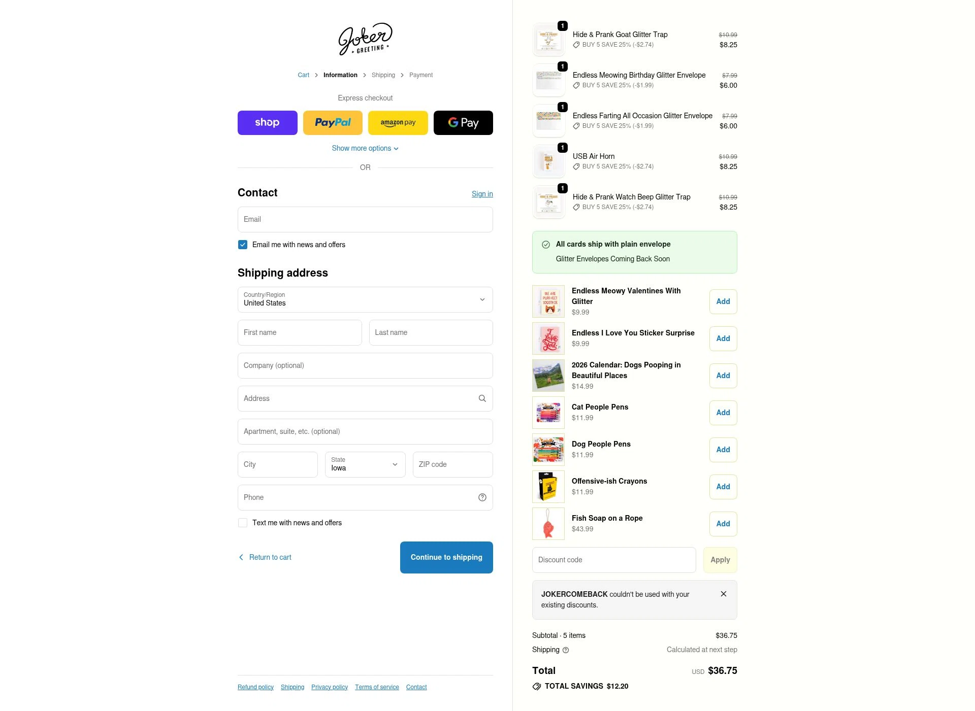 Joker Greeting checkout page showing Joker Greeting discount code box | Screenshot taken by SimplyCodes community member on Jan 24, 2026