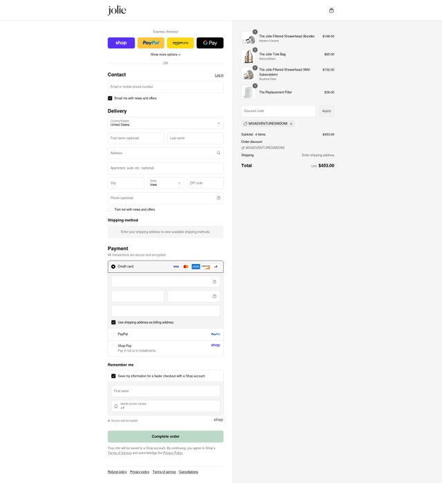 Jolie Skin Co checkout page showing Jolie Skin Co discount code box | Screenshot taken by SimplyCodes community member on Sep 5, 2025