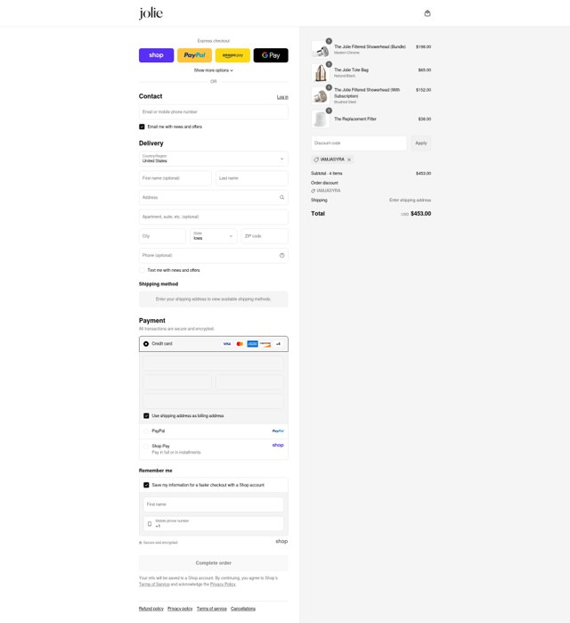 Jolie Skin Co checkout page showing Jolie Skin Co discount code box | Screenshot taken by SimplyCodes community member on Sep 5, 2025