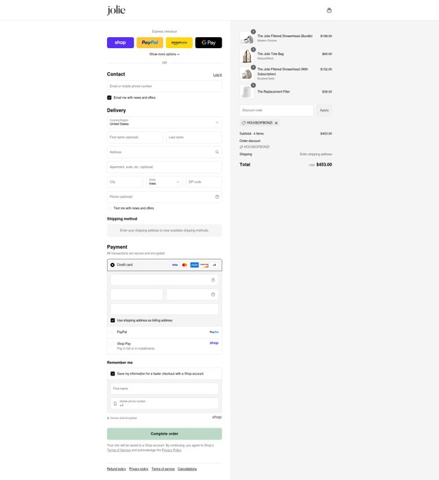 Jolie Skin Co checkout page showing Jolie Skin Co discount code box | Screenshot taken by SimplyCodes community member on Sep 5, 2025