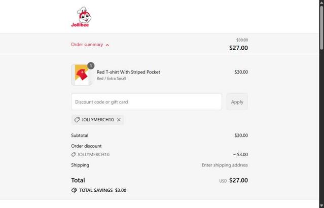 Jollibee checkout page showing Jollibee coupon code box | Screenshot taken by SimplyCodes community member on Aug 6, 2025