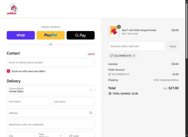 Jollibee checkout page showing Jollibee coupon code box | Screenshot taken by SimplyCodes community member on Sep 5, 2025